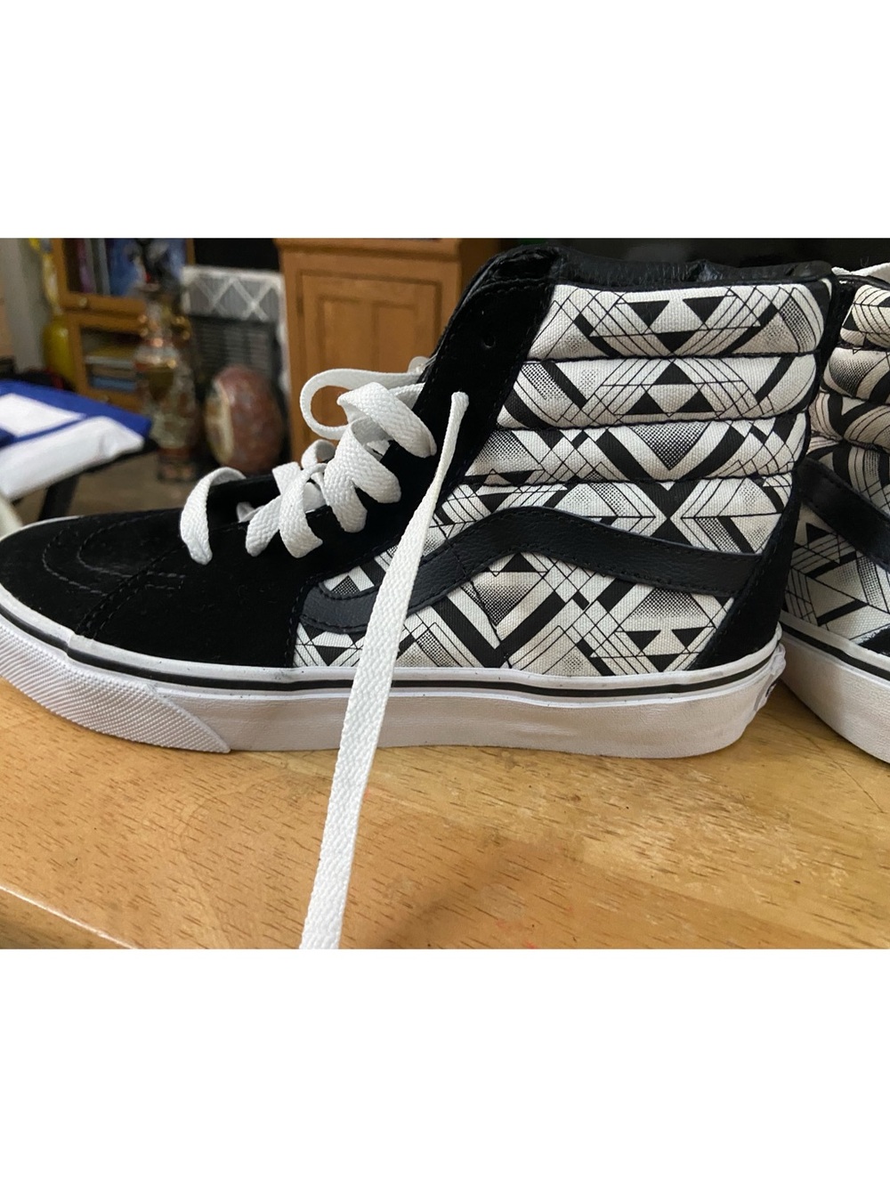 Vans SK8 HI Black & White Abstract Geometric Aztec High Top Skateboard Shoes